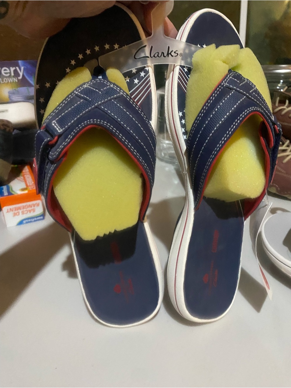 Clarks Navy Slide Sandals with Red Trim and White Sole